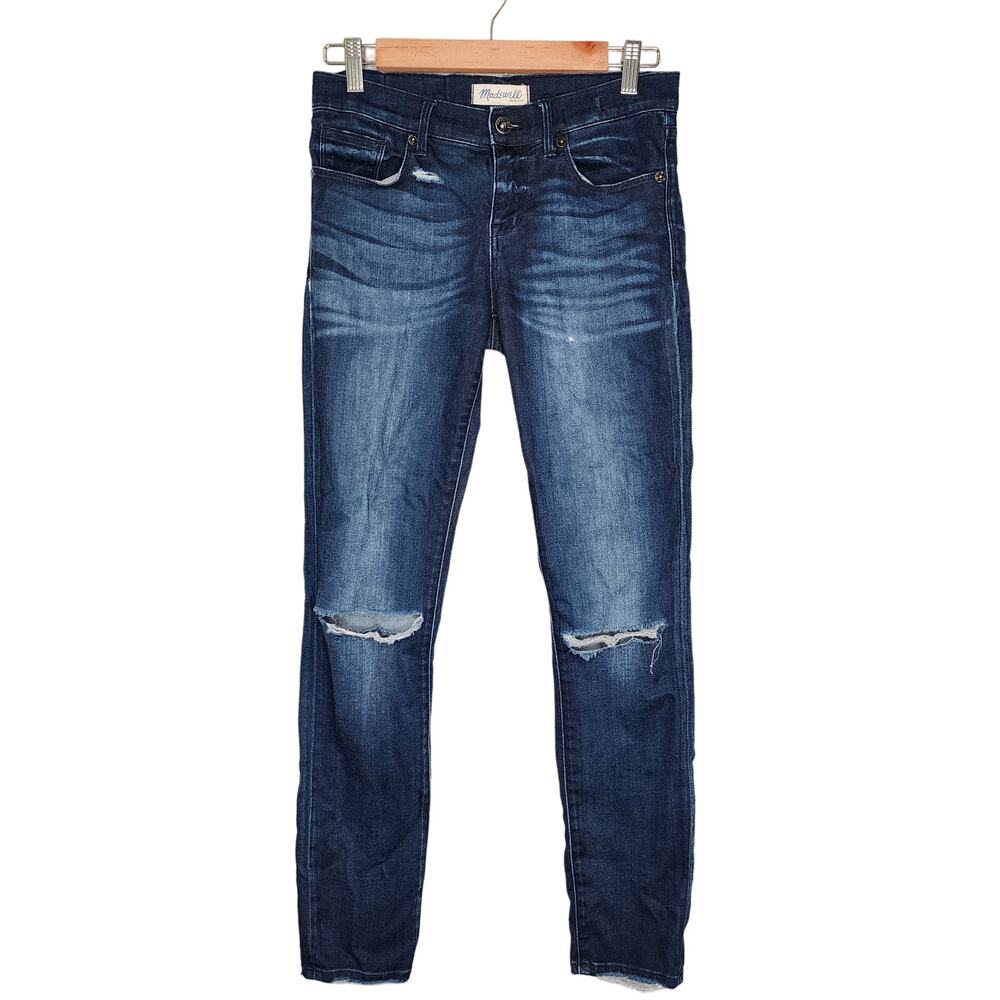 Madewell Mid Rise Dark Wash Skinny Jeans Distressed Stretch Denim 26
